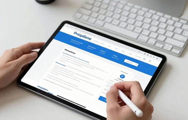 A top-down view of a designer&amp;amp;#x27;s hands using a tablet and stylus alongside a modern keyboard in a bright, airy North American studio. The tablet shows a professional website wireframe with clean lines and blue accents. The scene is bright and conveys innovation and sophisticated design.