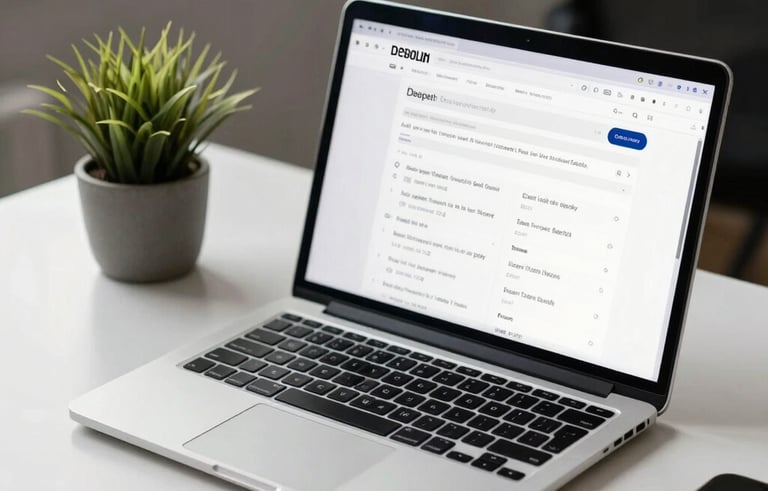 A close-up photograph of a sleek laptop on a minimalist white desk in a sunlit North American office. The screen displays a professional search engine results page with various business listings. The lighting is soft and natural, emphasizing a clean and organized workspace with a small green plant in a charcoal gray ceramic pot.