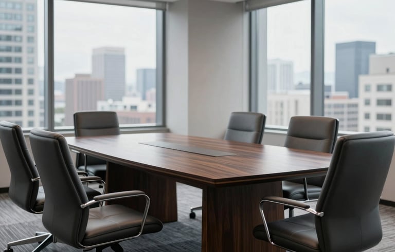 A high-end, minimalist boardroom in a North American executive suite. A polished dark wood table is surrounded by ergonomic charcoal chairs. Large windows offer a focused, slightly blurred view of a metropolitan landscape. Style is clean and premium.