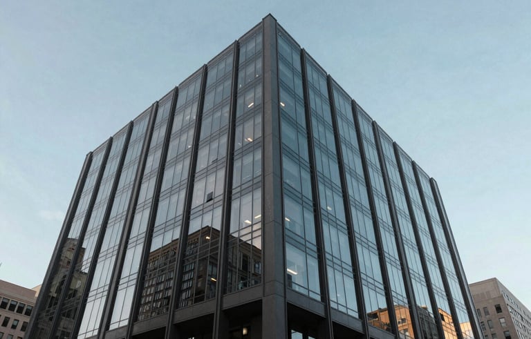 The exterior of a sleek, modern glass office building in a North American business district. The shot is a low-angle perspective against a clear sky, showcasing the sophisticated dark gray and muted blue reflections of the architecture.