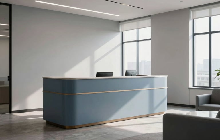 A minimalist North American office reception area with clean lines and sophisticated decor. The scene features light gray walls and muted blue furniture. Soft, natural daylight pours through large windows, creating a professional and airy atmosphere.
