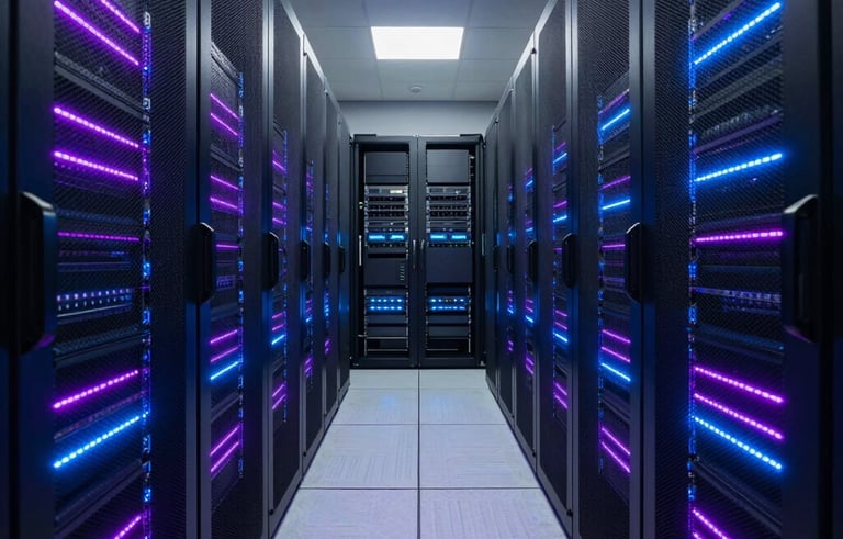 A sophisticated data center corridor in the US, featuring sleek black server racks glowing with vibrant violet and electric blue LED strips. The composition is symmetrical and futuristic, emphasizing security, speed, and cutting-edge technology. Wide-angle shot.