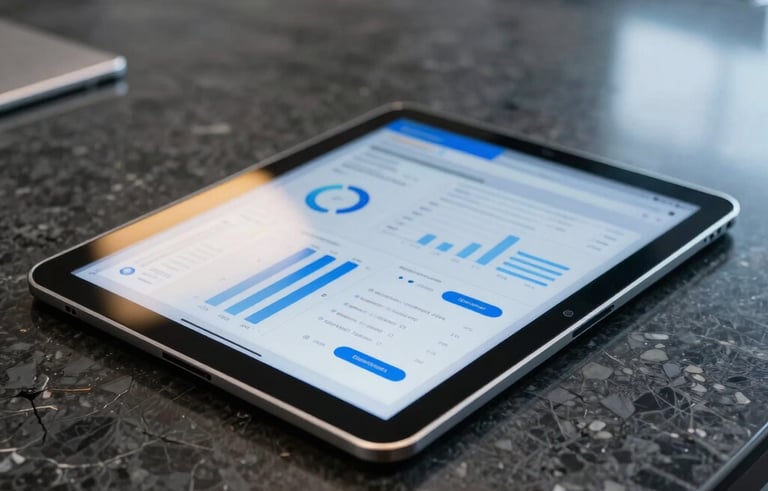 A close-up of a high-tech glass tablet sitting on a dark charcoal marble conference table in a North American corporate boardroom. The screen shows a clean dashboard with domain statistics, reflecting soft gold and electric blue ambient lights.