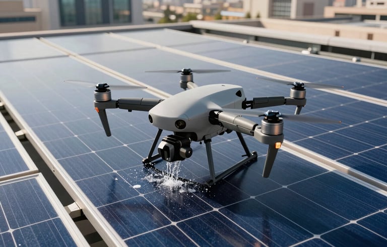 A close-up photograph of a high-tech S-Drones drone washing a large array of solar panels on the rooftop of a modern commercial building in Dubai. The sun reflects off the blue solar cells and the light gray metallic drone body. High-tech and innovative aesthetic.