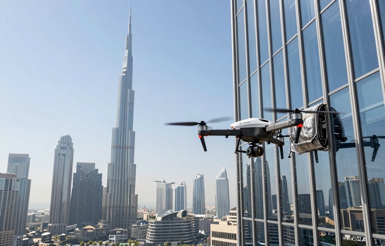A high-action wide shot of an S-Drones branded industrial drone cleaning the exterior glass panels of a massive skyscraper in Downtown Dubai. In the background, the iconic Dubai skyline is visible under a bright blue sky. The drone shows dynamic motion with water droplets catching the light.