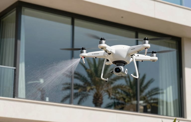 A sleek white professional cleaning drone with the S-Drones logo prominently displayed, hovering next to the glass window of a luxury modern villa in a Middle Eastern / Gulf residential district. The drone is spraying a fine mist of water onto the surface. Bright, clear daylight with crisp reflections of palm trees on the glass.