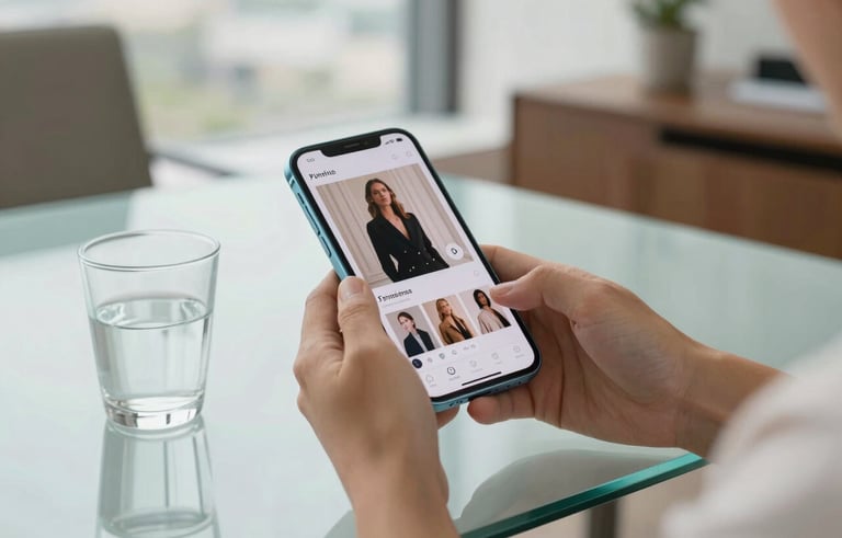 Close-up of hands holding a premium light blue smartphone showing a luxury fashion app next to a glass of water on a clean glass table. Soft natural light, sophisticated Brazilian penthouse office vibe. Palette: light blue and off-white.