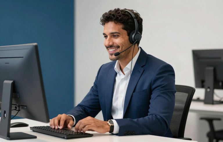 A professional South American man in a refined navy blue blazer, wearing a sleek modern headset, smiling warmly at a minimalist white desk in a high-end office. The lighting is bright and professional, with accents of medium blue and off-white in the background. Brazilian corporate setting.