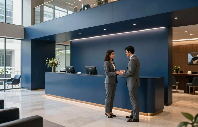 A wide-angle photography shot of a sleek, modern corporate concierge lobby in São Paulo. A refined attendant in a tailored grey suit is helping a client. The space features clean lines, glass, and decor in shades of medium blue and dark navy.