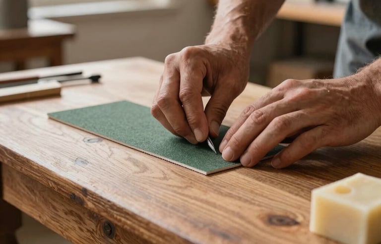 A detailed close-up shot of an artisan's hands carefully using fine sandpaper and natural wax on a vintage oak coffee table. Soft natural light through a workshop window in a Portuguese studio. Professional photography, sharp focus on the wood grain, colors featuring beige and charcoal green tones.