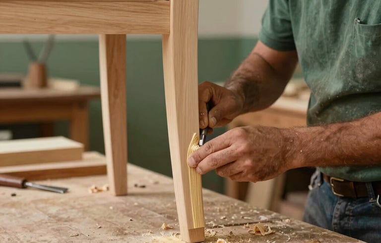Photograph of a traditional carpentry workshop in Portugal. A craftsman is applying wood glue to a classic wooden chair leg. Scene shows clamps, chisels, and wood shavings on a workbench. Elegant, warm atmosphere. Colors include dusty green and muted beige.