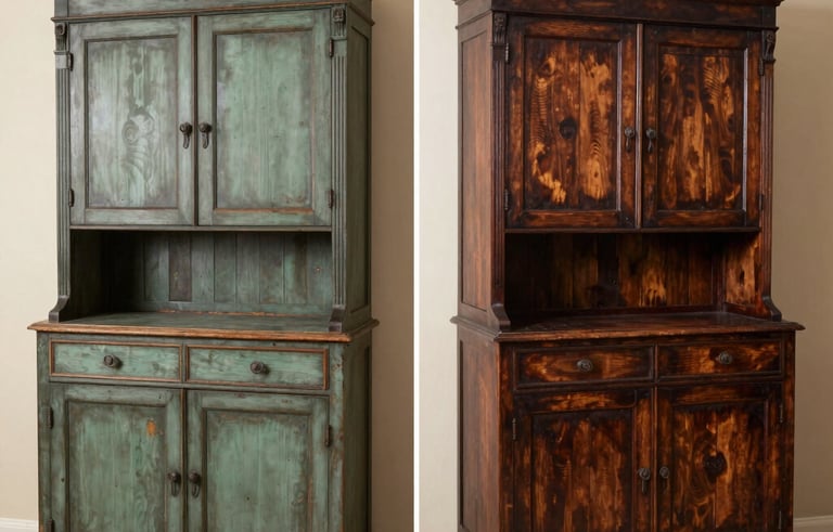 Side-by-side style single shot of a magnificent 19th-century cabinet being meticulously refinished. The lighting is dramatic yet professional, highlighting rich textures of restored wood. European workshop setting. Colors: charcoal, sage green, and light beige.
