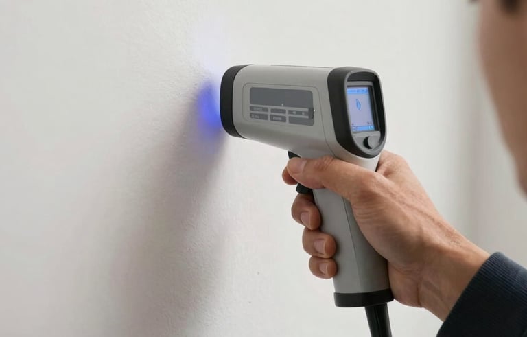 Close-up of a technician using an infrared thermal camera to detect hidden moisture behind a white wall in a residential Miami interior. The lighting is soft and natural, emphasizing precision and expertise.