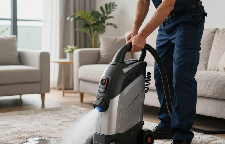 A professional technician in a dark blue uniform operating a high-powered water extraction vacuum on a damp carpet in a modern Miami living room. The scene is bright and professional, emphasizing rapid response and advanced equipment.