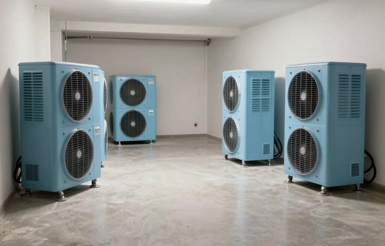 A wide-angle photo of a clean, well-lit Miami basement after flood restoration, featuring large light blue industrial dehumidifiers and air movers positioned along the walls. The space looks immaculate and dry.