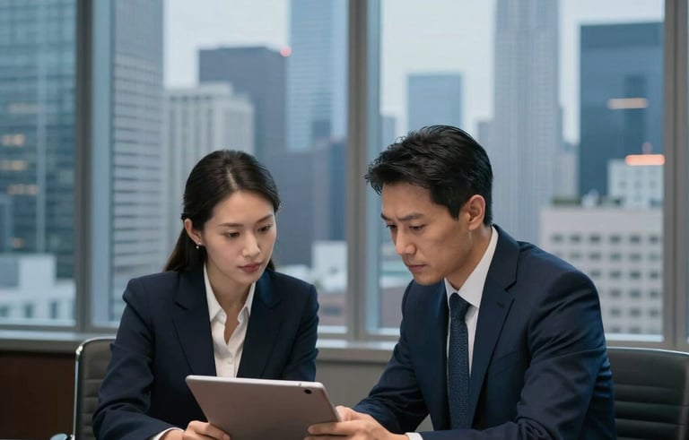 A cinematic photograph of a professional meeting in a high-rise North American boardroom. Two business people in sleek corporate attire are looking at a tablet together, with a blurred cityscape background of skyscrapers at dusk in shades of navy blue and white.
