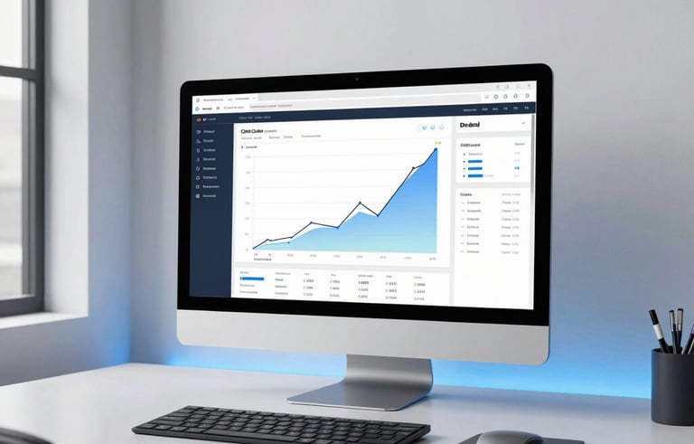 A lifestyle shot of a high-end, minimalist creative workspace in a North American loft. A large monitor displays a professional CRM dashboard with upward-trending growth charts, surrounded by white walls and subtle electric blue accent lighting.