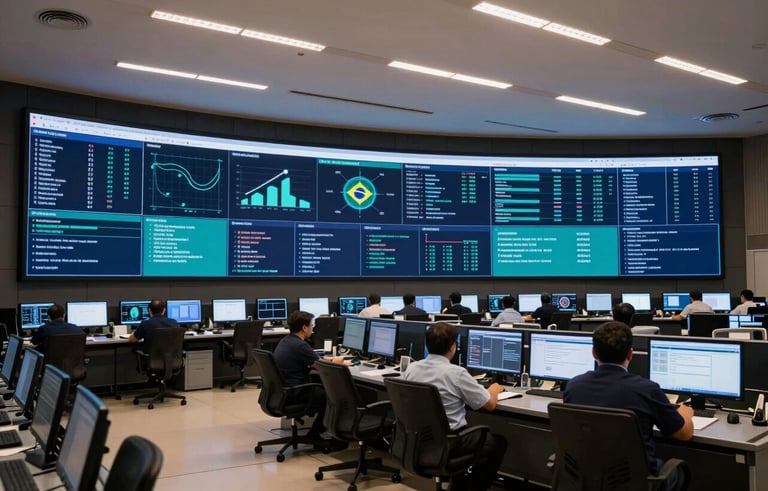 A sophisticated operations command center in Brazil. Large screens in the background showing data visualizations in navy and teal. Professional, high-tech lighting, cinematic composition.
