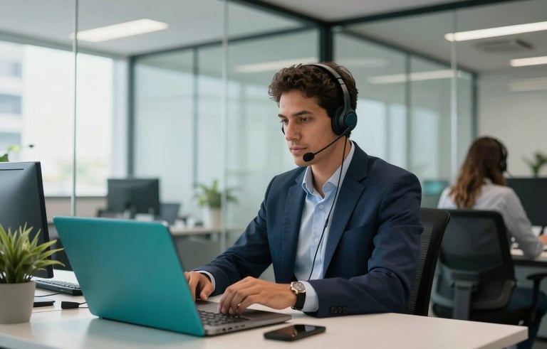 A modern, bright Brazilian office space with sleek glass partitions. A focused professional wears a high-quality headset, sitting at a clean desk with teal and navy accents. Soft daylight, professional photography, South American setting.