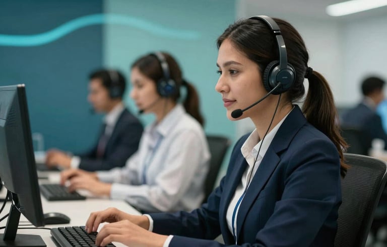 A dynamic shot of a South American call center environment. The composition focuses on a blurred background with professional teal and navy blue light streaks. Professional high-performance atmosphere.