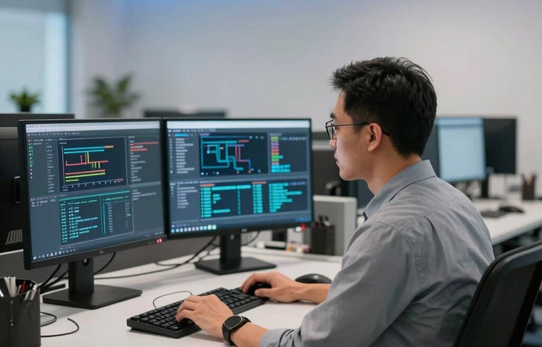 A professional Indonesian IT specialist working in a clean, high-tech minimalist office. Large monitors displaying complex data, soft blue accent lighting, premium atmosphere.