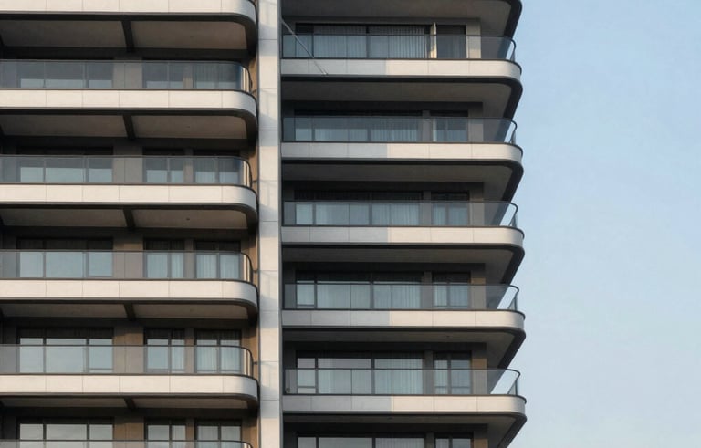 Minimalist photography of a luxury modern residential apartment building in Indonesia. Clean architectural lines, glass balconies, blue sky backdrop with soft natural lighting.