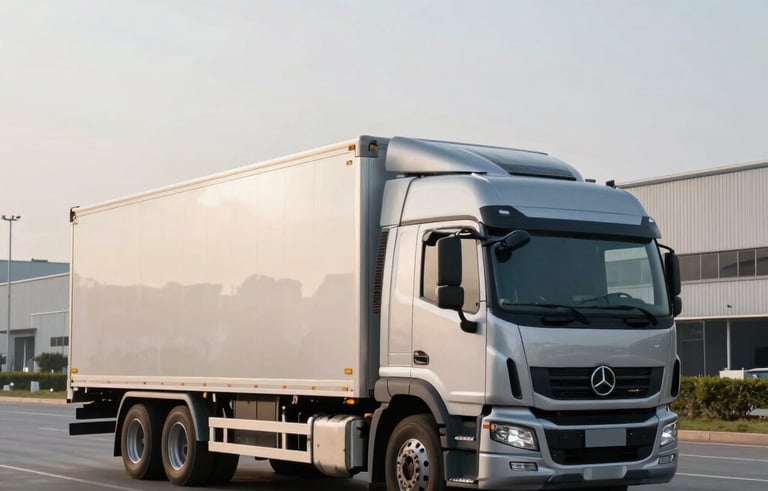 Photography of a sleek, modern logistics truck with a clean silver finish, driving through a professional industrial park in Southeast Asian. Soft morning lighting, minimalist composition, reflecting a premium transportation service.