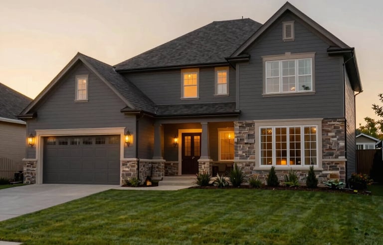 A high-end North American suburban home exterior at sunset, warm golden hour lighting, manicured lawn, elegant architecture with dark gray and stone accents, professional photography style.