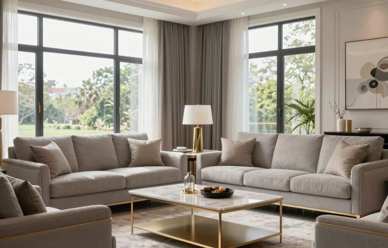 Interior of a modern North American luxury living room, large windows with bright natural light, sophisticated neutral furniture in light gray, subtle gold decor accents, clean and airy composition.