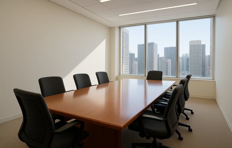 A professional interior photograph of a modern, sun-drenched conference room in a US city office. A polished wood table sits center, surrounded by ergonomic chairs. The walls are off-white, and the atmosphere is calm, minimalist, and highly professional with high-key lighting.