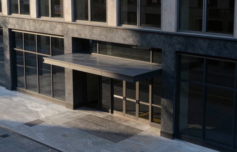 A minimalist, high-angle architectural photograph of a modern Chicago commercial building entrance with clean lines and large glass windows. The lighting is soft morning sunlight, casting subtle shadows. The color palette features deep navy and slate grey tones, projecting a sophisticated North American business vibe.