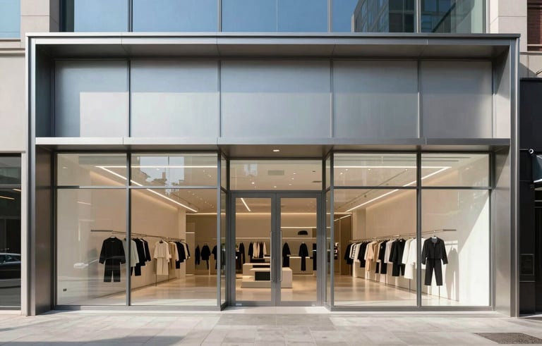 A wide-shot photograph of a sleek, contemporary retail storefront in a modern North American urban setting. The design is minimalist with steel accents and large panes of glass reflecting a clear blue sky. Professional, bright, and clean aesthetic with grey-blue and off-white tones.