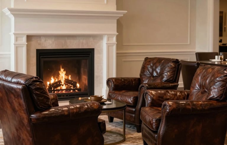 An interior shot of a luxury North American lounge with deep coffee brown leather armchairs, a warm fireplace in the background, light beige walls.
