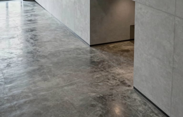 A high-angle photography shot of a minimalist, modern corporate lobby in the United States. Polished concrete floors and light gray walls reflect soft, professional lighting, conveying a sense of integrity, security, and innovation.
