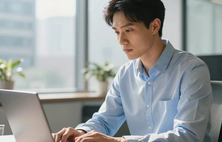A professional person in a light blue shirt working diligently on a laptop in a bright, modern North American office setting. Natural morning light streams through glass windows, creating an efficient and trustworthy business atmosphere.