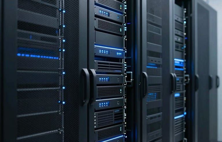 A clean, professional photograph of a high-tech server room in a North American data center, illuminated with subtle medium blue LED lights. The composition has a shallow depth of field focusing on the sleek, secure hardware cabinets to convey digital protection and reliability.