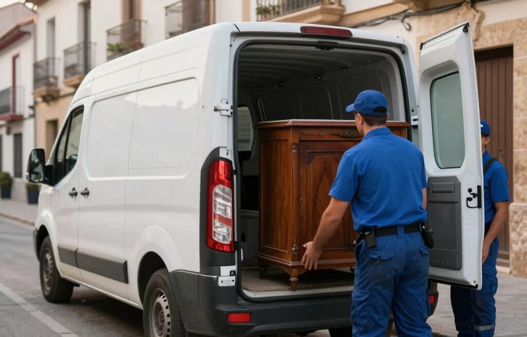 A clean white removal van parked on a street in Torrelavega, Spain. Professional movers in blue uniforms are loading a vintage cabinet carefully. Soft morning light, sharp focus, European setting.