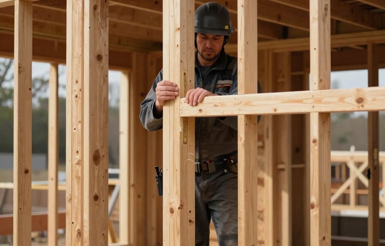 Close-up photography of a professional construction site in the US, showing expert wooden framing for a room addition being integrated into an existing house structure, daylight.