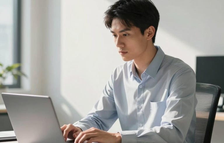 A sharp, high-resolution photograph of a focused young professional sitting in a sunlit, modern North American office. They are looking at a laptop screen with a clear expression of purpose. The workspace is clean and minimalistic with subtle steel blue and off-white accents.
