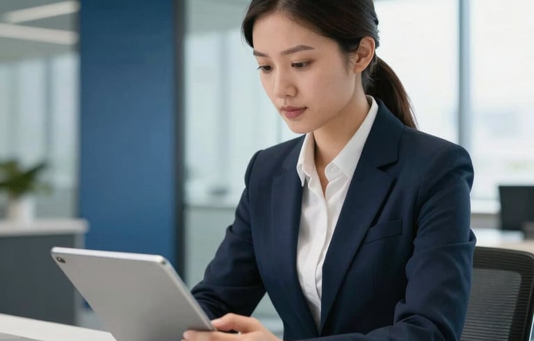 A medium shot of a professional recruiter in a modern US corporate setting, using a tablet to review applications. Bright daylight illuminates the room, which features glass partitions and navy blue interior details. Professional, trustworthy mood.