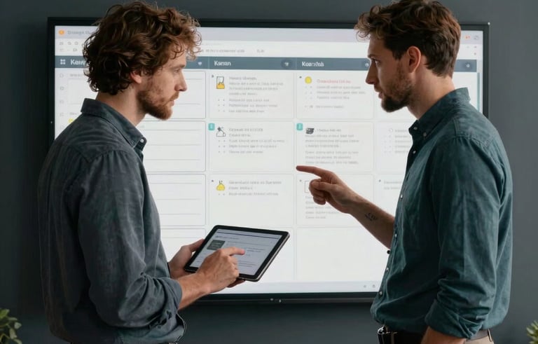 A creative team collaboration scene in a minimalist studio. Two professionals in business casual attire (European style) are discussing a digital Kanban board on a tablet. Warm ambient lighting, professional focus. Colors: Dark Slate and Muted Teal.