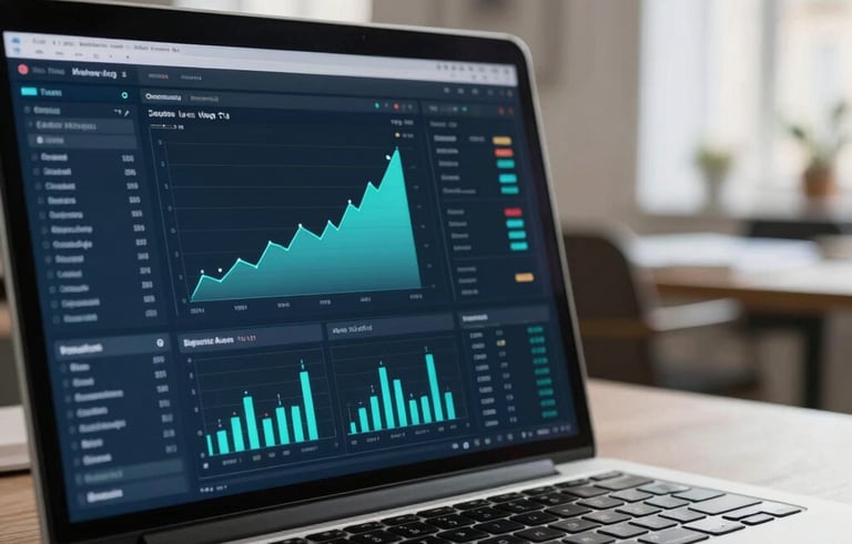 A close-up photograph of a sleek laptop screen displaying detailed data analytics and marketing growth charts. The background is a stylish Parisian apartment office with soft, natural morning light. Colors: Dark Navy and Very Light Cyan.