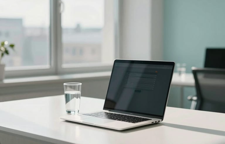 A bright and airy modern office in a European French technology hub. A minimalist desk features a high-end laptop and a glass of water, reflecting sunlight from large windows. The overall aesthetic is professional and clean, using tones of Pale Teal and Off-white.