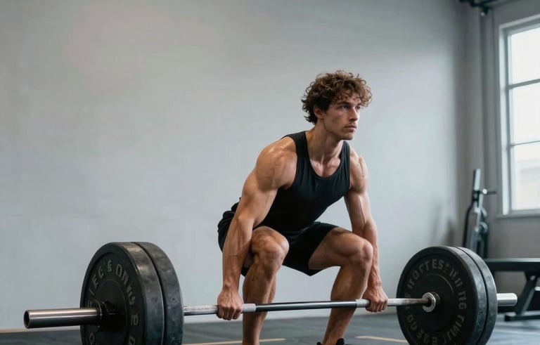 A muscular person performing a deadlift with focus in a high-end, clean US garage gym with light grey walls and professional weights. Empowering atmosphere with sharp focus.