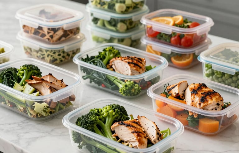 A variety of colorful healthy meal prep containers filled with fresh green vegetables and lean grilled chicken on a white marble kitchen counter in a North American home.