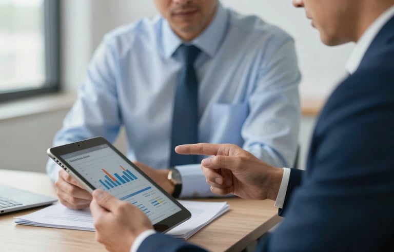 A professional financial consultant in a South American business setting, presenting data on a tablet. The scene conveys trust and expertise. Colors include light blue and navy blue accents.