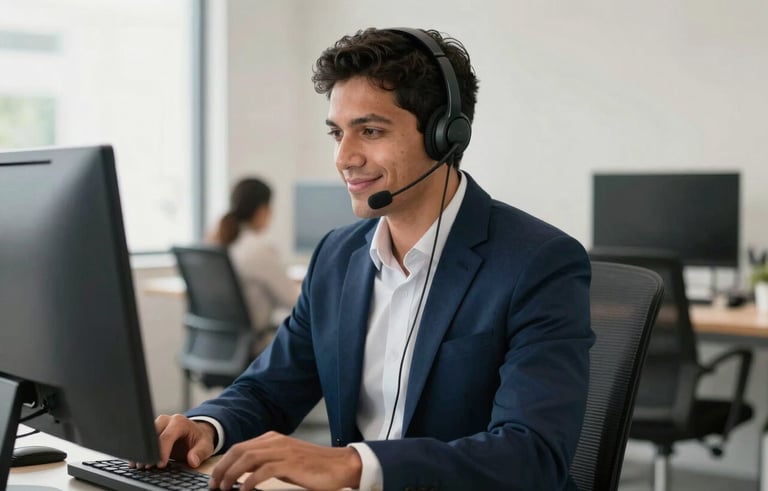 A focused professional wearing a headset in a modern South American office, smiling slightly while working on a computer. The background is a bright, clean office with soft daylight. Color palette features navy blue and off-white.