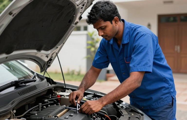A professional mechanic in a clean blue uniform performing an engine oil change on a car parked in a modern residential driveway in Bangalore. South Asian / Indian setting, bright daylight, clear focus on the car engine and professional tools.