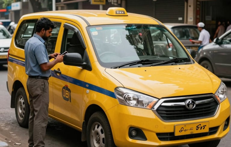 A yellow-plate commercial taxi parked on a side street in Bangalore, with a mobile service technician attending to it. Modern automotive aesthetic, South Asian / Indian urban environment, bright and trustworthy mood.