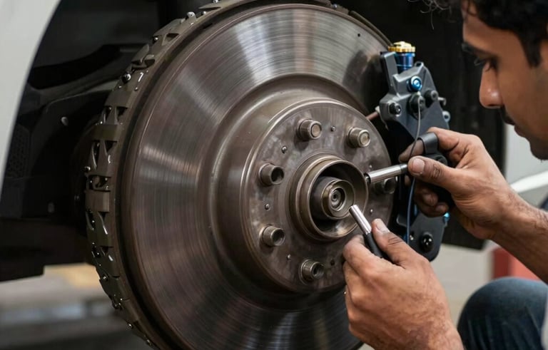 Close-up photography of a car's wheel and brake assembly being inspected by a technician. The lighting is sharp and professional, highlighting the metallic textures. South Asian / Indian context, automotive workshop style.